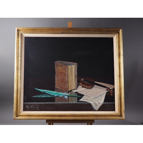 519 - Mantanay?: oil on canvas, still life with bible, sheet music and quill, 19 1/2