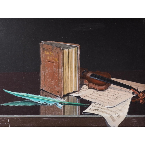 519 - Mantanay?: oil on canvas, still life with bible, sheet music and quill, 19 1/2