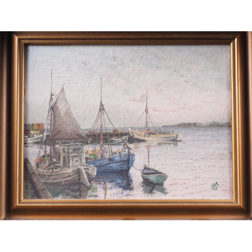 525 - Jens Sinding Christensen: oil on canvas, Harbour Scene with fishing boats, 11 1/2