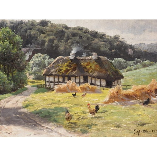 526 - Peder Mork Monsted, 1904: oil on canvas, landscape with timber farmed farmhouse, chickens in foregro... 