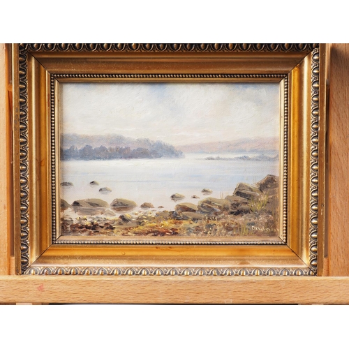 527 - Andersen: early 20th century Danish school: oil on board, coastal landscape with distant island, 4 1... 