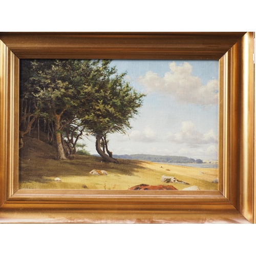 528 - Danish School: early 20th century, oil on canvas, summer landscape with distant lake, 6 3/4