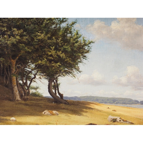 528 - Danish School: early 20th century, oil on canvas, summer landscape with distant lake, 6 3/4