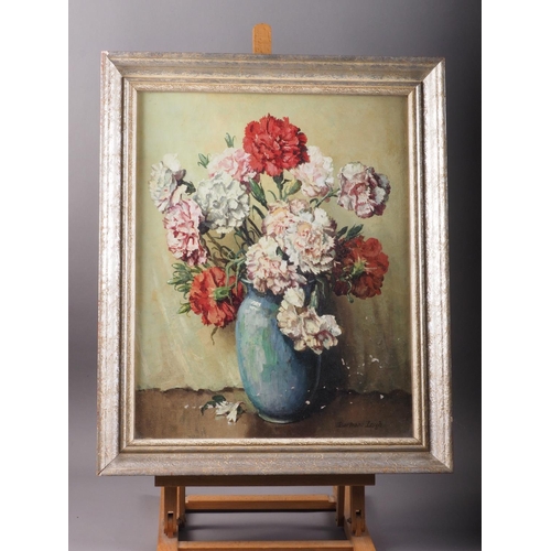 530 - Bertram Leigh: oil on canvas laid board, still life of flowers in a vase, 19 1/2