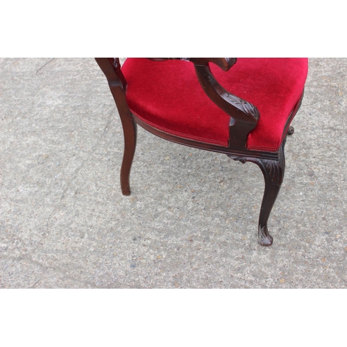 588 - A late 19th century carved walnut open arm chair, upholstered in a red velvet, on cabriole supports