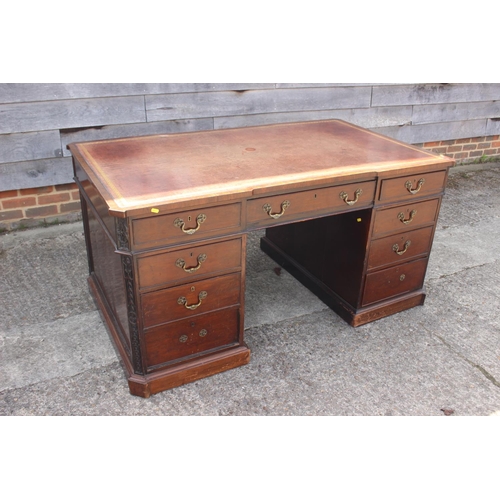 596 - A partners early 20th century mahogany double pedestal desk with tooled lined leather top, inverse b... 