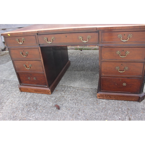 596 - A partners early 20th century mahogany double pedestal desk with tooled lined leather top, inverse b... 