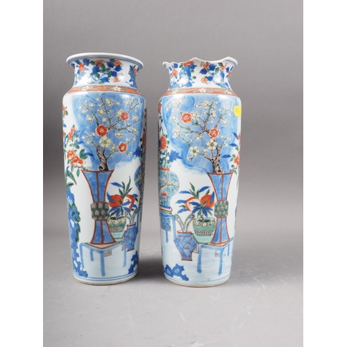 107 - A pair of Chinese Wucal cylindrical vases with vase and flower decoration, 10 3/4