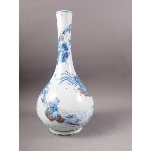 108 - A Chinese blue, white and iron oxide bulbous bottle neck vase with figures in a landscape decoration... 