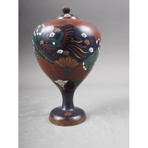 125 - A Japanese cloisonne pedestal jar and cover with panelled bird and flower decoration, 5