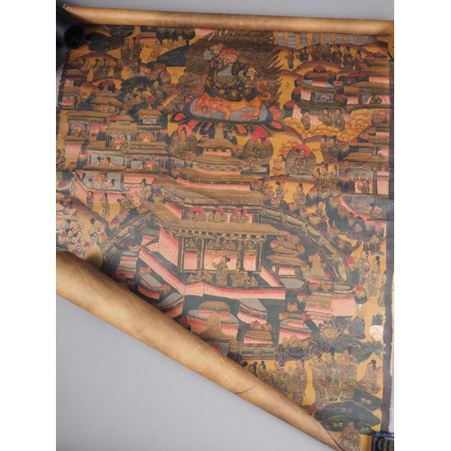 141 - A Tibetan? silk and painted silk scroll with Thangka design, 23 3/4