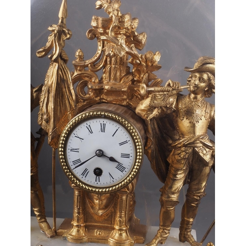 155 - A French gilt metal and white marble mantel clock with white enamelled dial and Roman numerals, on s... 