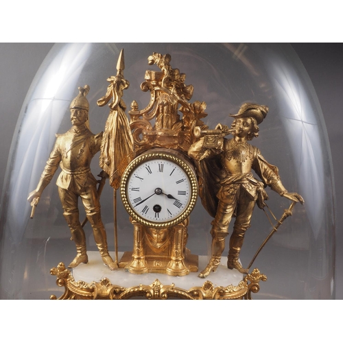 155 - A French gilt metal and white marble mantel clock with white enamelled dial and Roman numerals, on s... 