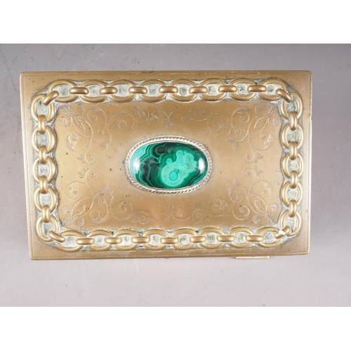 170 - A brass stationery box with engraved and chain decoration, set malachite, 7 1/2