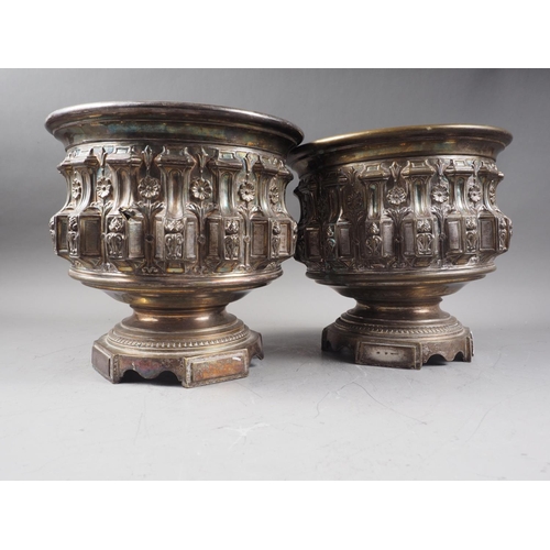 272 - A pair of French silver plated pedestal jardinieres, by C Pillet, with embossed decoration, 9