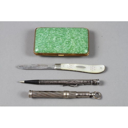 291 - A silver propelling pencil, a white metal pen holder, a silver and mother-of-pearl fruit knife and a... 