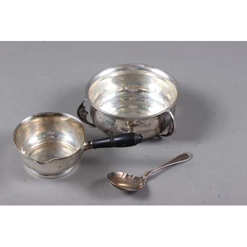 341 - An English silver three moon-faced handled dish, a Danish silver brandy warmer and a caddy spoon, 6.... 