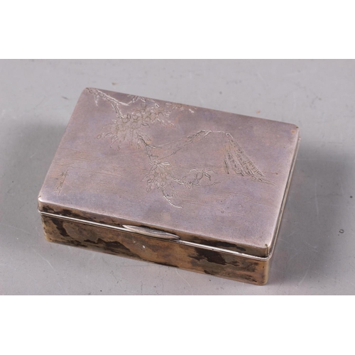 342 - A Japanese white metal and hardwood lined cigarette box with mount Fuji engraved decoration, stamped... 