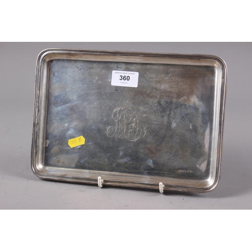 360 - A silver rectangular tray with engraved initialled decoration, 10 1/2