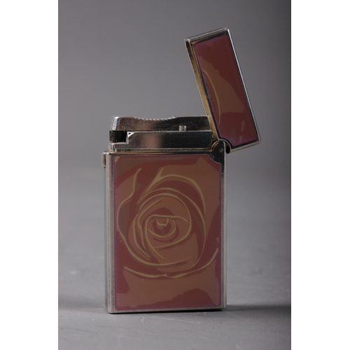 371 - A St Dupont Paris pink enamelled rose design cigarette lighter