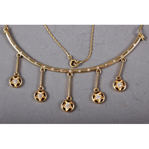 408 - An Eastern yellow metal and diamond necklace, stamped 750, 12g