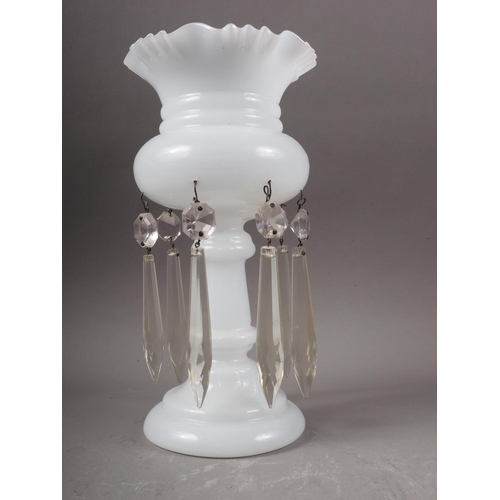 46 - A milk glass lustre with seven cut glass spear drops