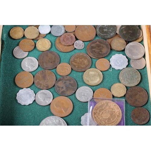 421 - A collector's coin chest, containing a selection of British and world coins