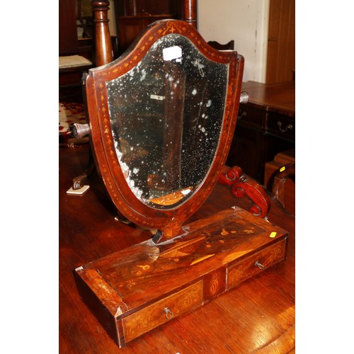 609 - An Edwardian mahogany and banded marquetry shield-shaped toilet mirror with bevelled plate over two ... 