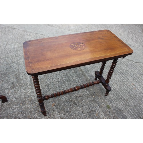 537 - A mahogany rectangular side table with box line and marquetry top, on bobbin turned stretchered supp... 