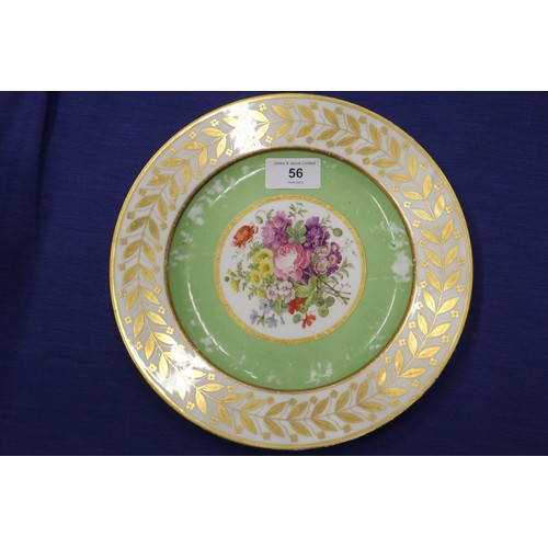 56 - Fourteen Sevres dessert plates with central floral decoration and green and gilt borders, 9 1/4