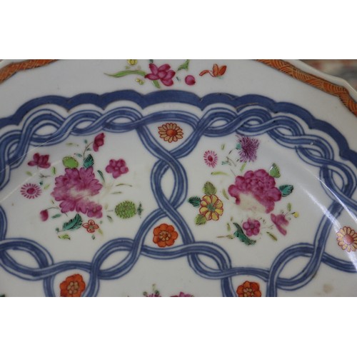 126 - Four Chinese famille rose shaped edge plates with floral spray and blue twisted decoration, 9