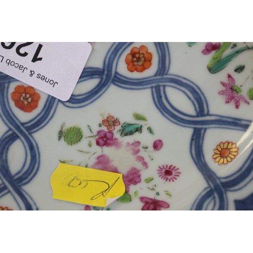 126 - Four Chinese famille rose shaped edge plates with floral spray and blue twisted decoration, 9