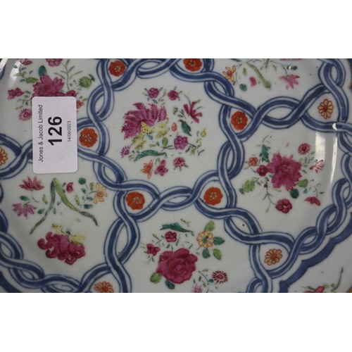 126 - Four Chinese famille rose shaped edge plates with floral spray and blue twisted decoration, 9