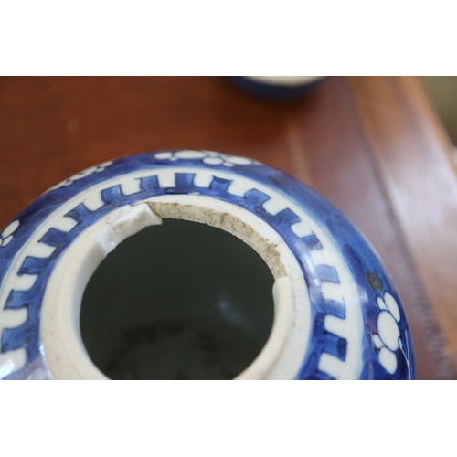 120 - Three Chinese blue and white ginger jars and covers with prunus decoration and double ring marks to ... 