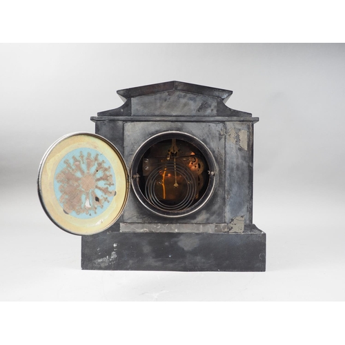 103 - A slate and marble mantel clock with white enamelled dial and Arabic numerals, on plinth base, 12