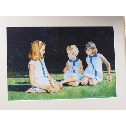 446 - A colour print after S Bridgeland, three girls, a colour print, Continental square, in linen lined f... 