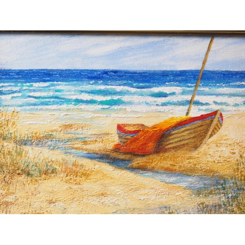 502 - Susi Adams: oil on board, sailing boat on a beach, 6 3/4