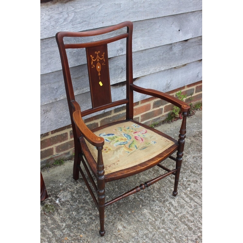 604 - A set of three Edwardian mahogany and inlaid salon chairs, on turned and stretchered supports (2+1),... 