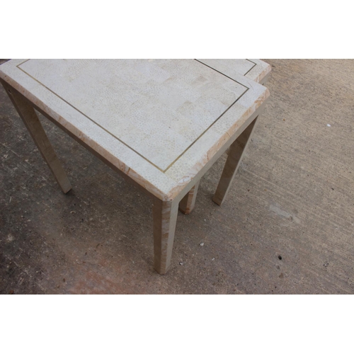 616 - Two coral and brass line inlaid rectangular top occasional tables, on square chamfered supports, lar... 