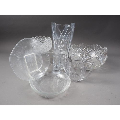 39 - A Dartington decanter, another similar, four other decanters, a Slovenian crystal glass vase, 9 1/4