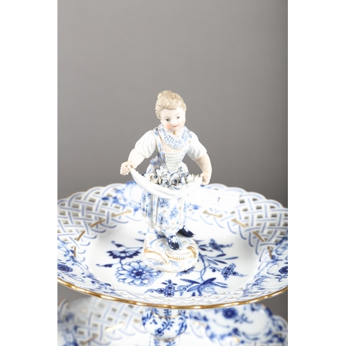 1 - A Meissen blue and white decorated dessert service, including tazzas, plates and stands