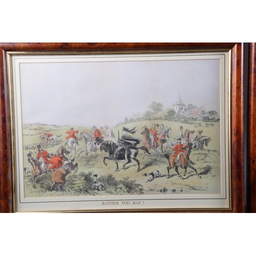 434 - Three 19th century hand-coloured lithographs, sporting scenes, in burr walnut frames, and one other ... 