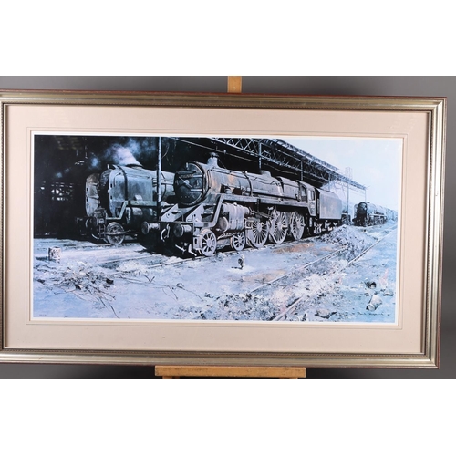 452 - A David Shepherd coloured print of a locomotive, in gilt frame, a pastel picture of a man reading a ... 