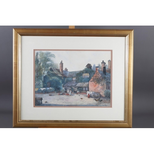 455 - E Hawitt Lodge: 19th century watercolours, farmyard scene with girl feeding birds, 10 1/2