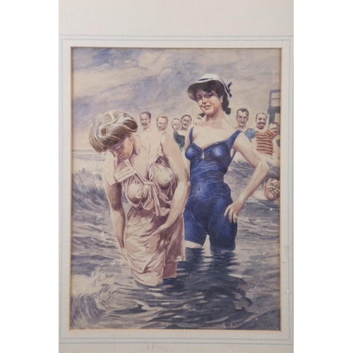 464 - Early 20th century school: watercolours, bathing beauties with admirers, 11 3/4