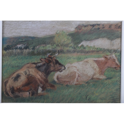 471 - Margaret Fisher Prout: pastels, cows in a meadow, 9 1/2