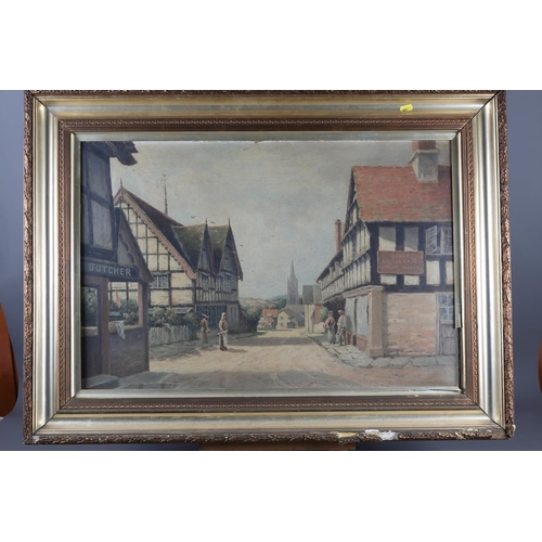 489 - J Jones: oil on canvas, town scene with figures, 19 1/2