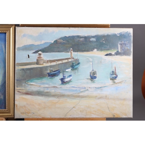 493 - Leonard J Fuller: oil on canvas, boats by a port with distant hills, 14