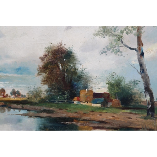 505 - A Herbe: oil on canvas, Continental landscape river scene, 23