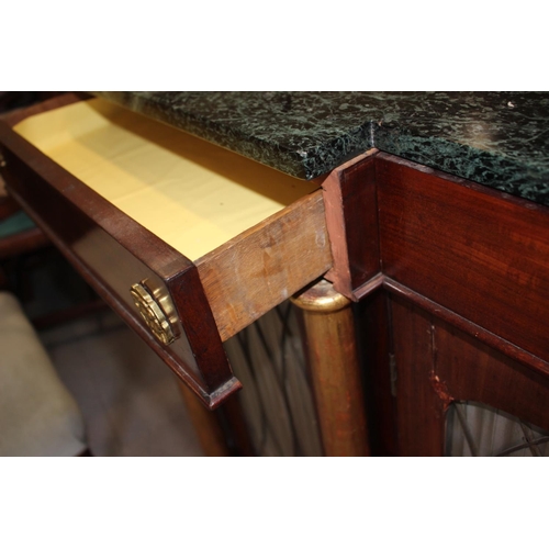 557 - A late 19th century mahogany inverse breakfront marble top chiffonier, fitted three frieze drawers o... 